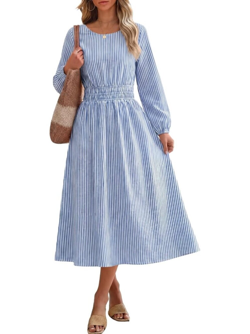 Chic Long Sleeve Striped Midi Dress for Fall with Pockets - Perfect for Layering